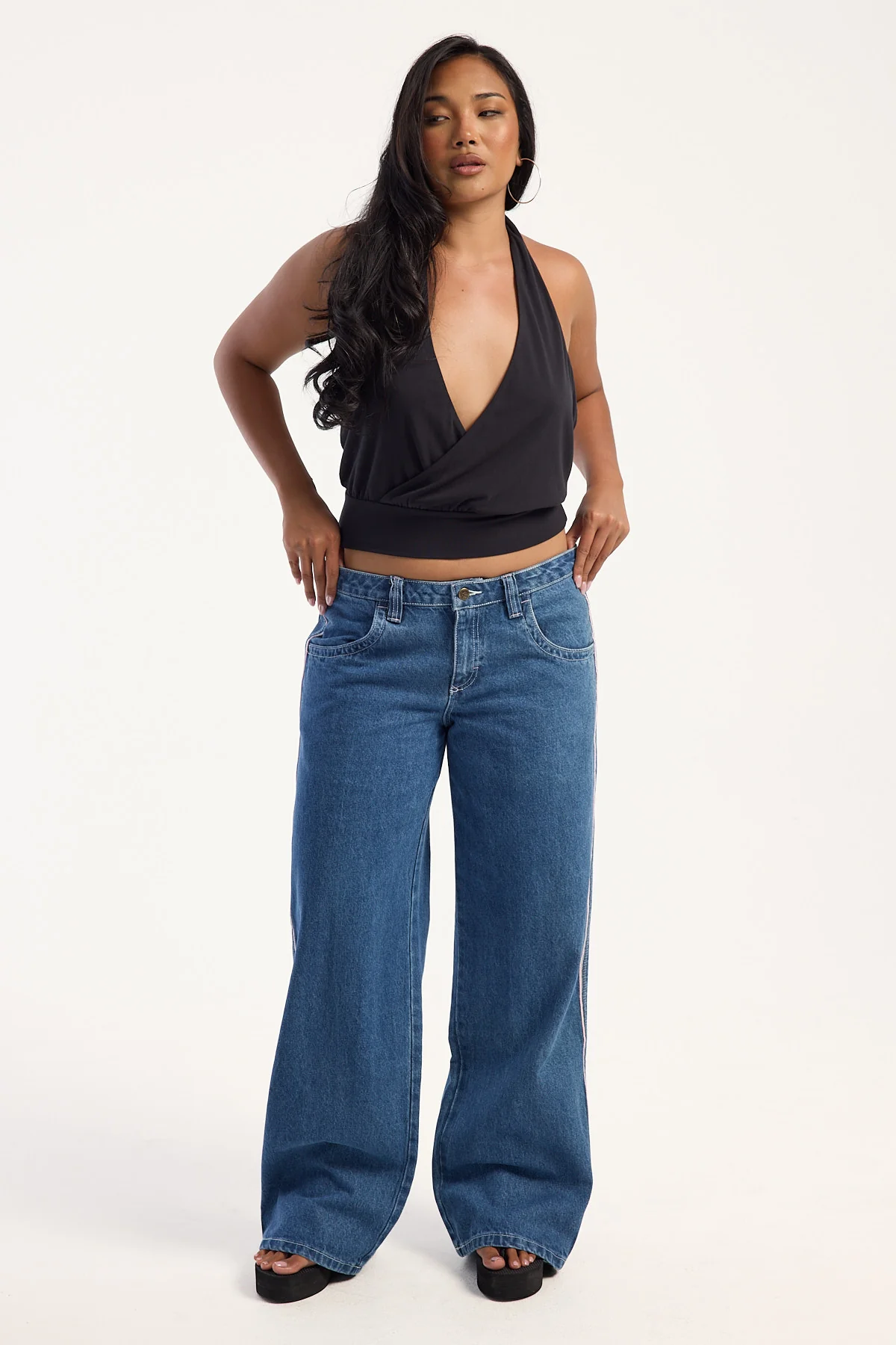 Rusty Flip Mommy Low Rise Wide Leg Jean Authentic Blue/ Pink Denim - Image 3