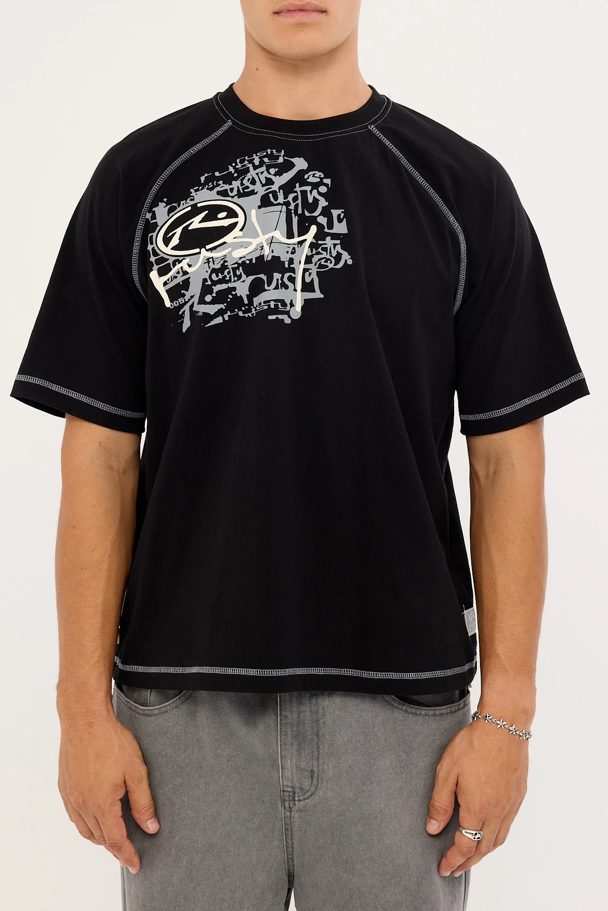 Rusty Riddle Me This Stripe Cropped Raglan Tee Black - Image 6
