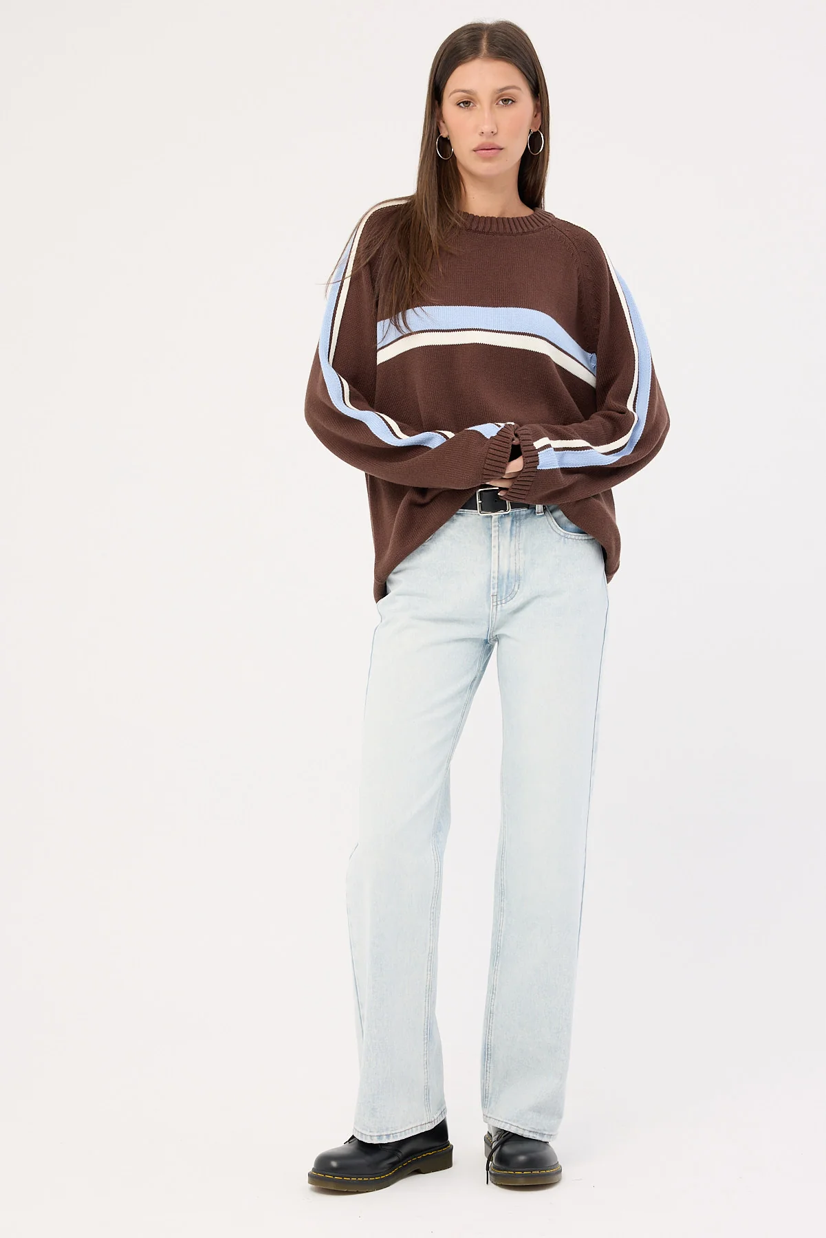 Rusty White Lines Long Sleeve Crew Neck Knit Java - Image 2