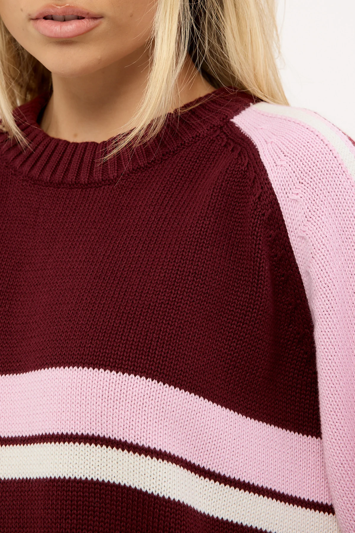 Rusty White Lines Two L/S Crew Neck Knit Burgundy - Image 5