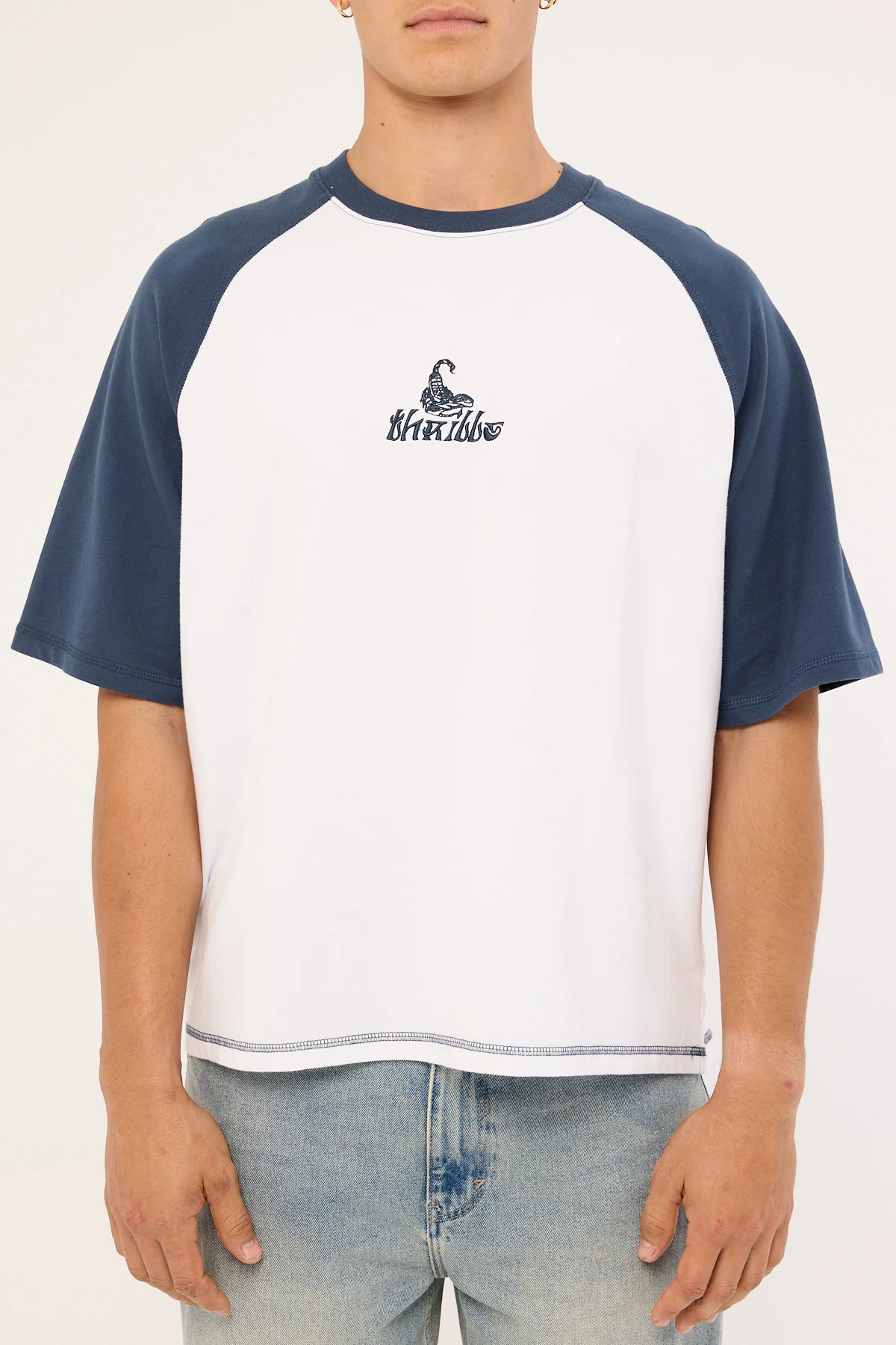 Thrills Chaotic State Embro Raglan Box Fit Oversize Cropped Tee White Petrol - Image 7