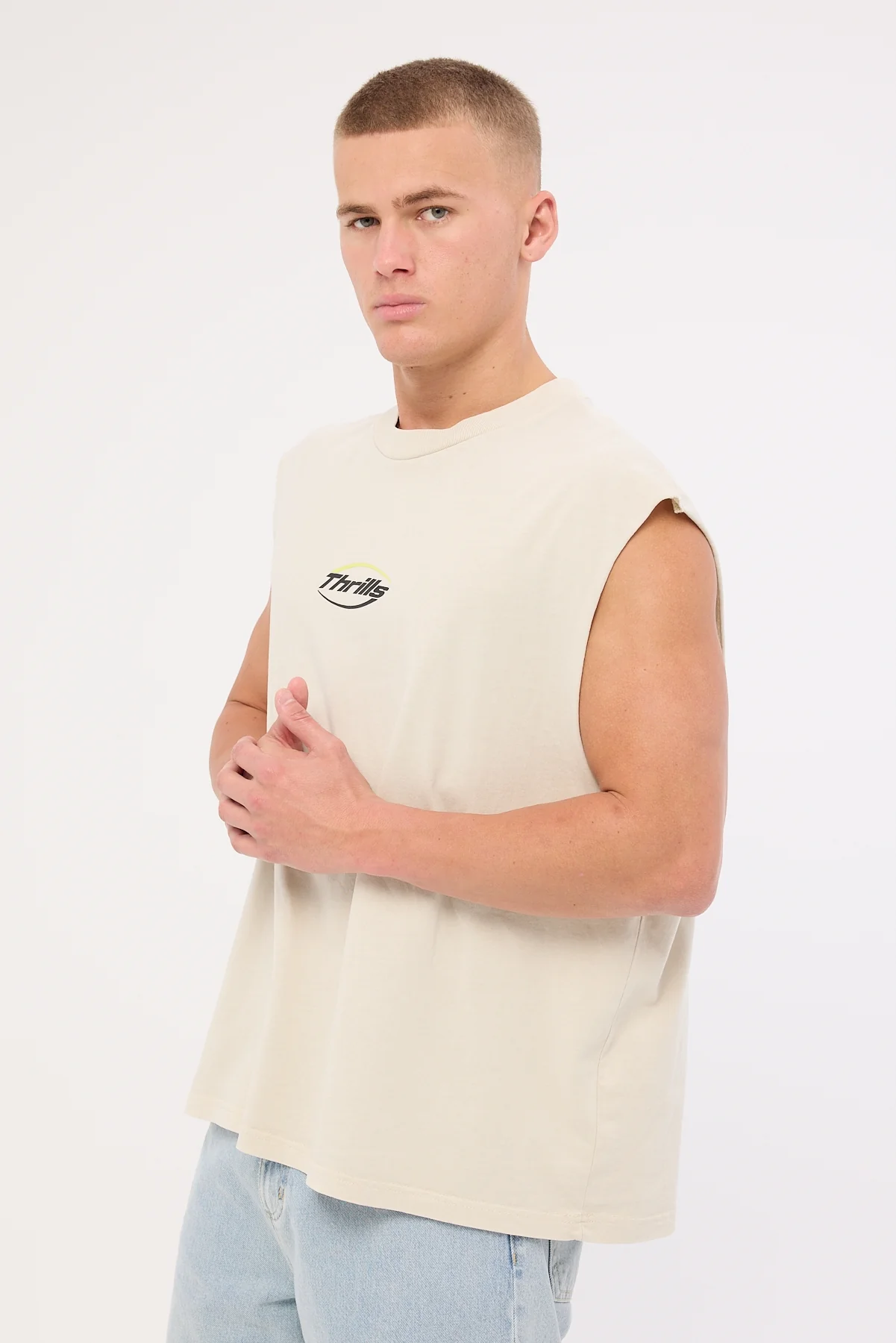 Thrills Fortune Favors Box Fit Oversize Cropped Muscle Tee Bisque - Image 4