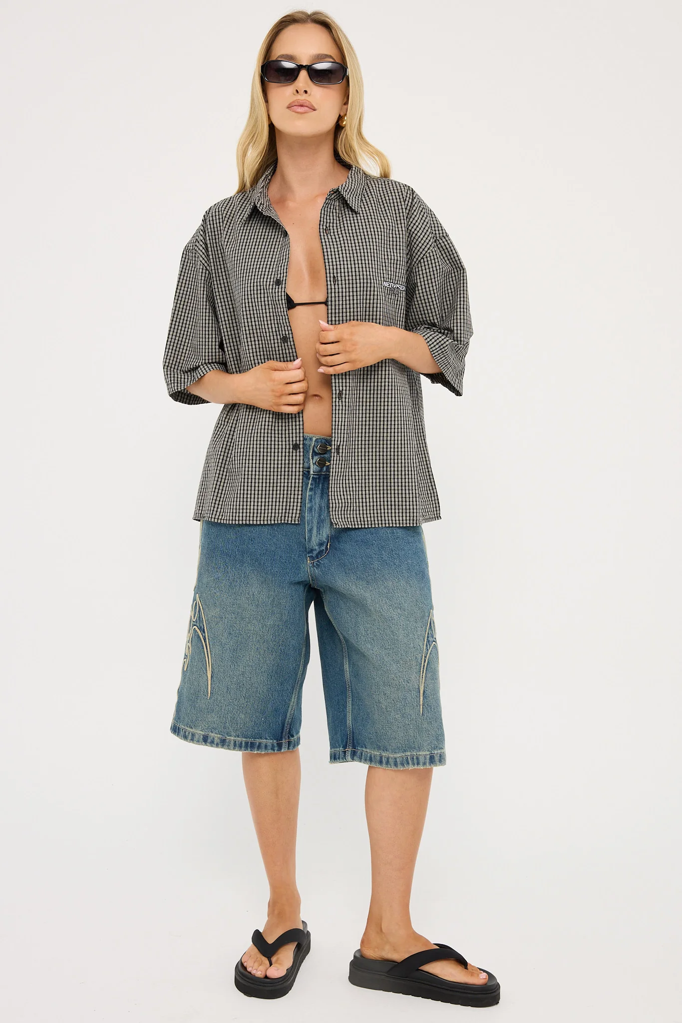Worship At Peace 00s Baggy Denim Short Dirty Mid Blue - Image 3