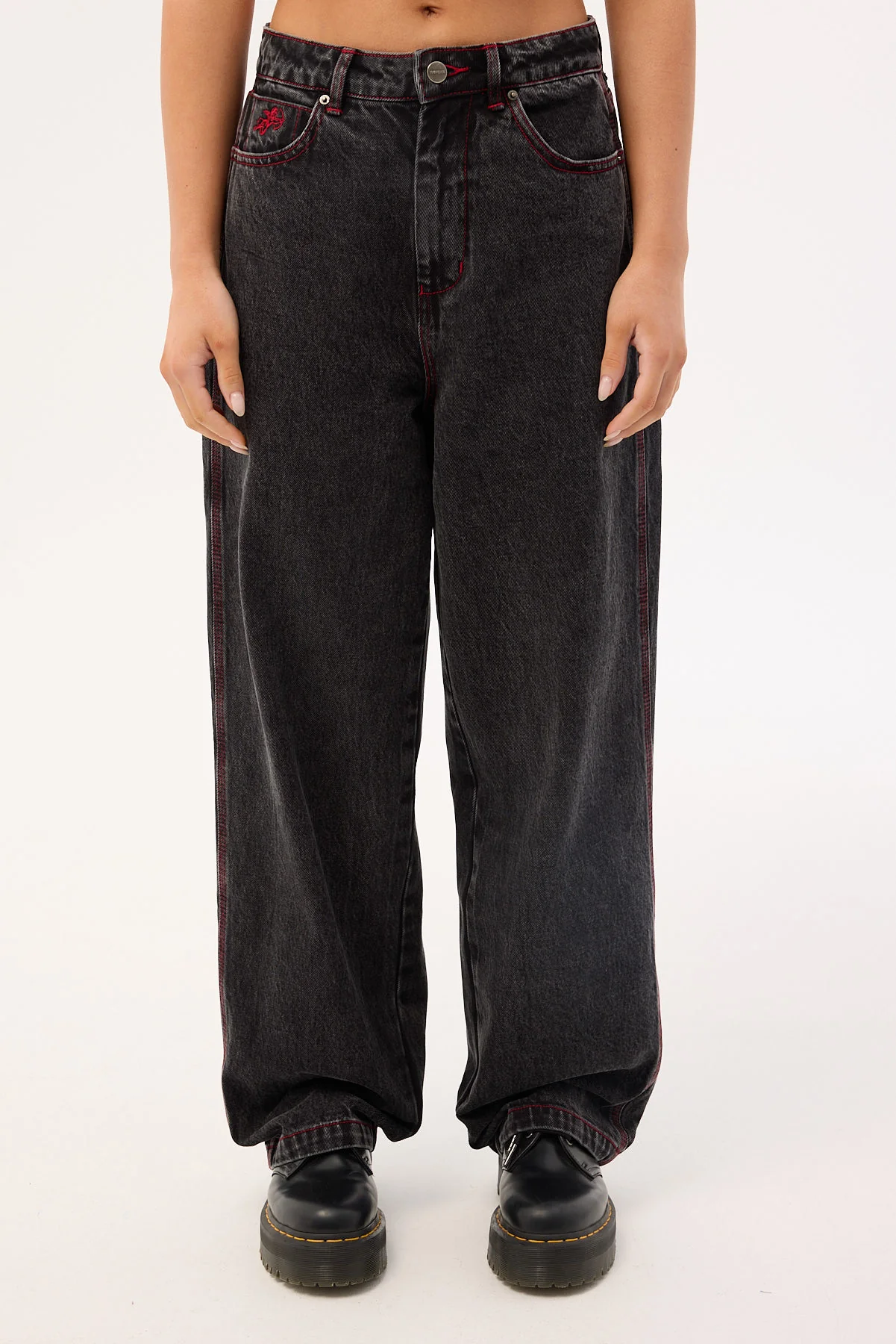 Worship Big Baggy Jean Black Rinse Purple Stitch - Image 9