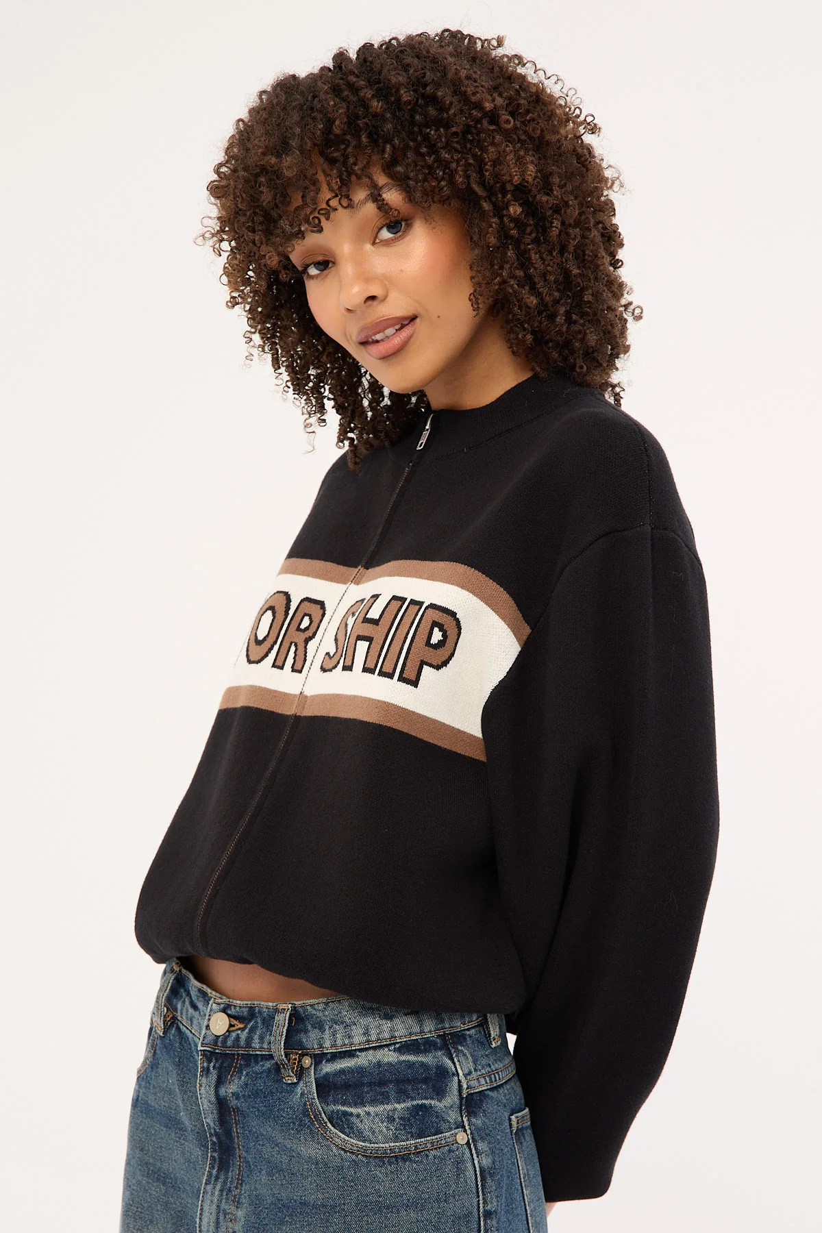 Worship Brassy Zip Front Knit Jacket Black - Image 3