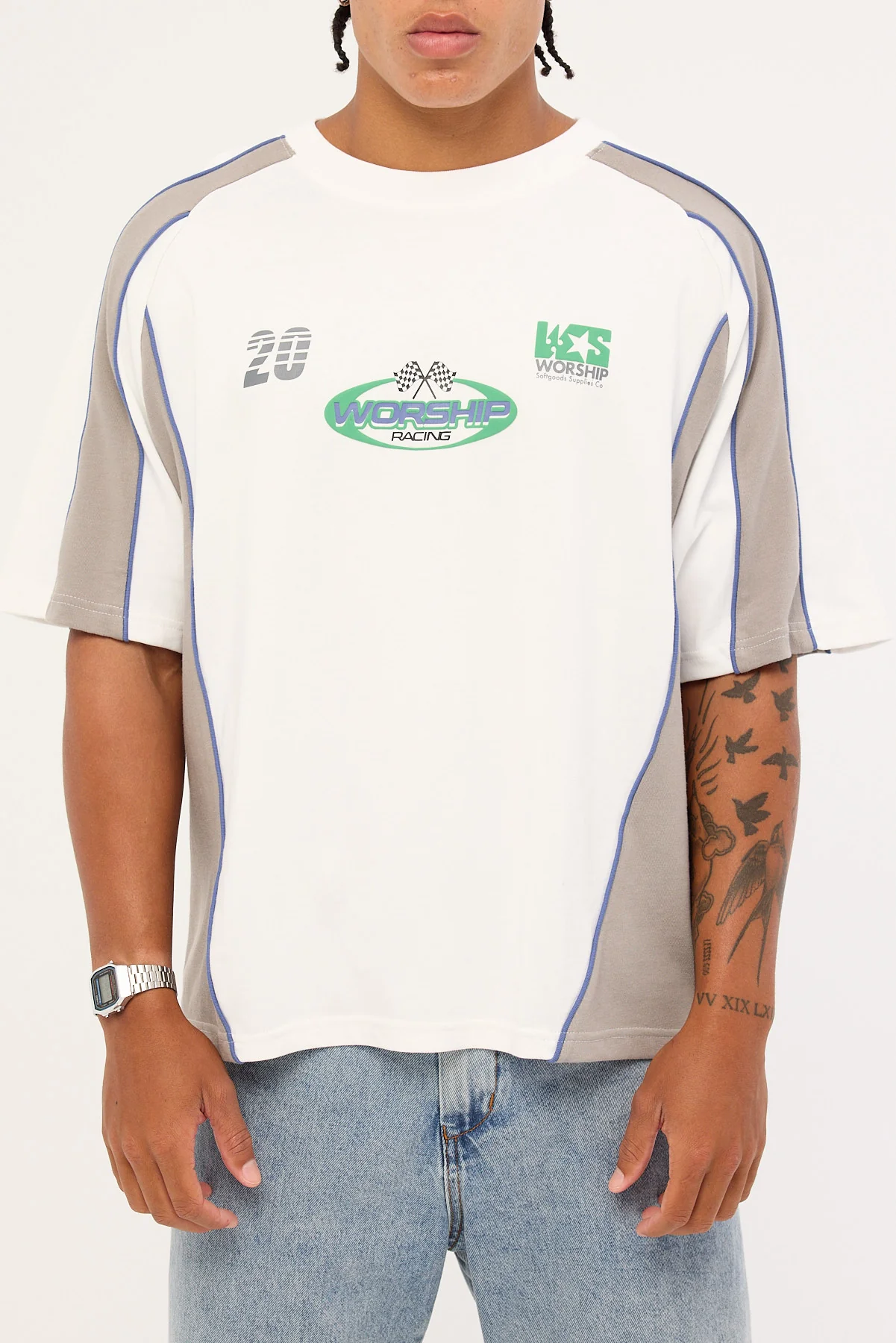 Worship Grand Prix Panel Oversize Cropped Raglan Tee White - Image 6