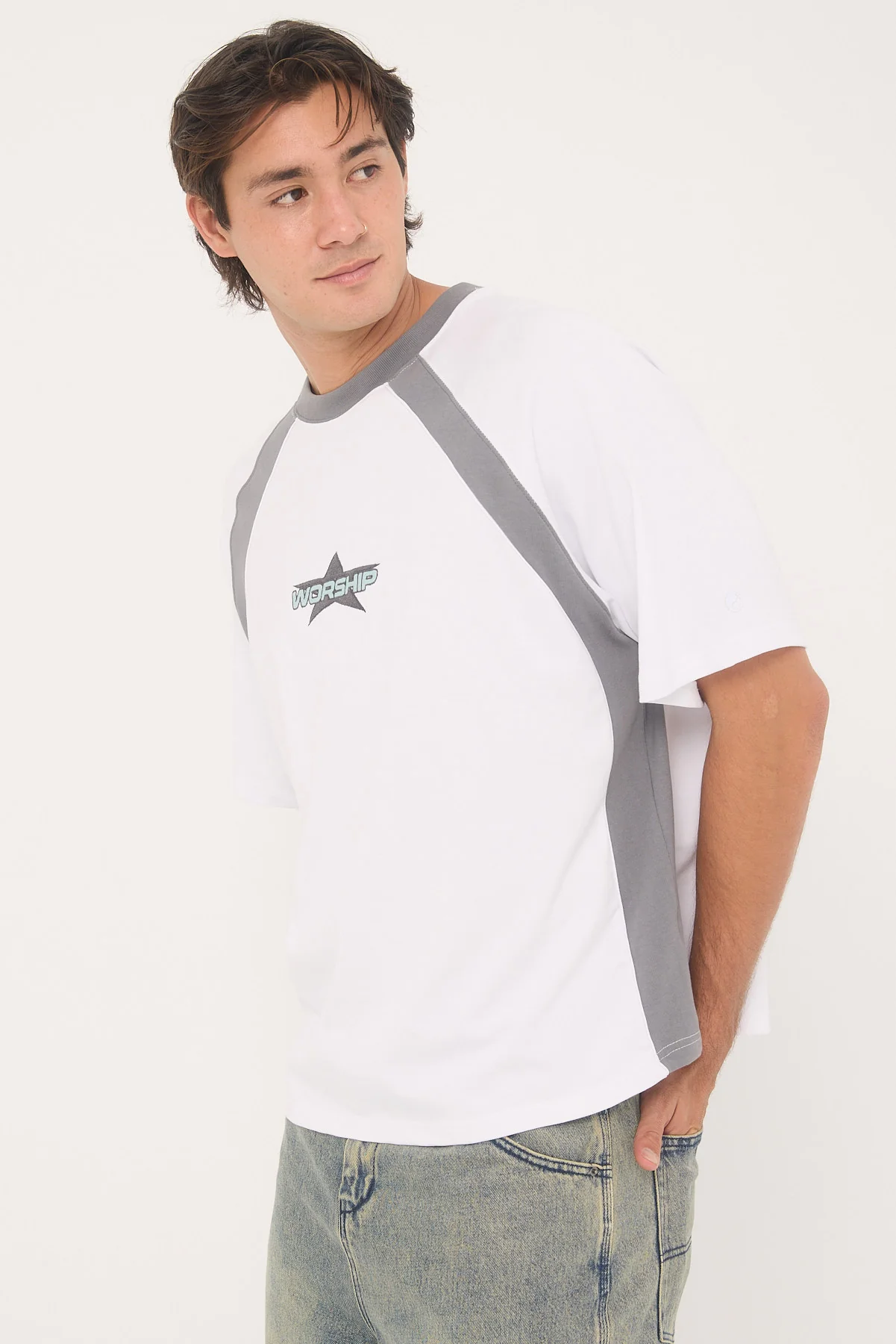 Worship Orion Oversize Raglan Tee White/Steel Grey - Image 5