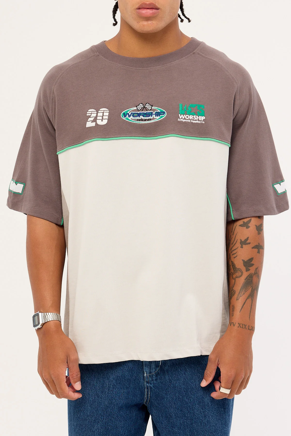 Worship Pit Crew Panel Oversize Raglan Tee Worn Black - Image 6