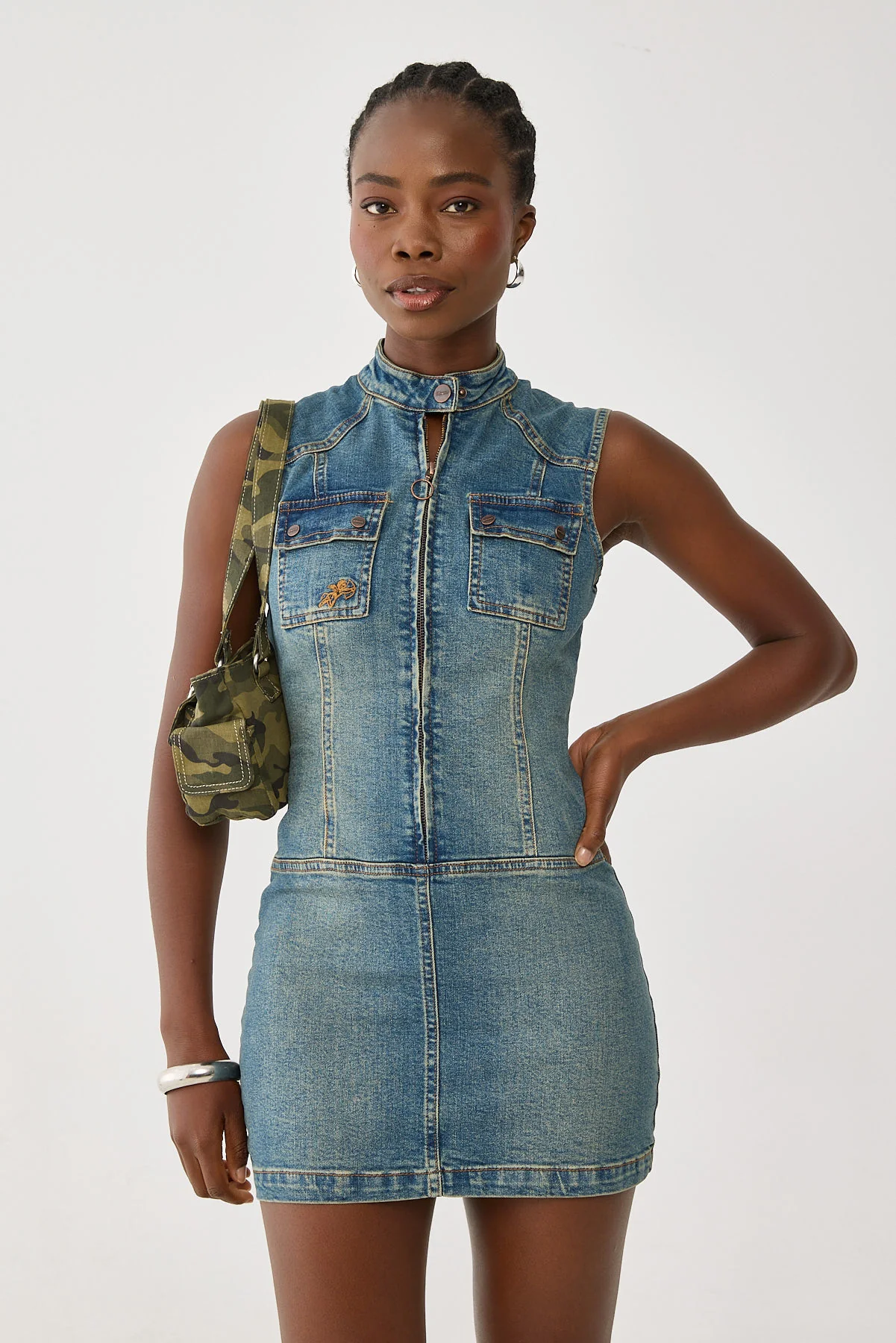 Worship Speedy Denim Mini Dress Dirty Mid Blue - Image 3