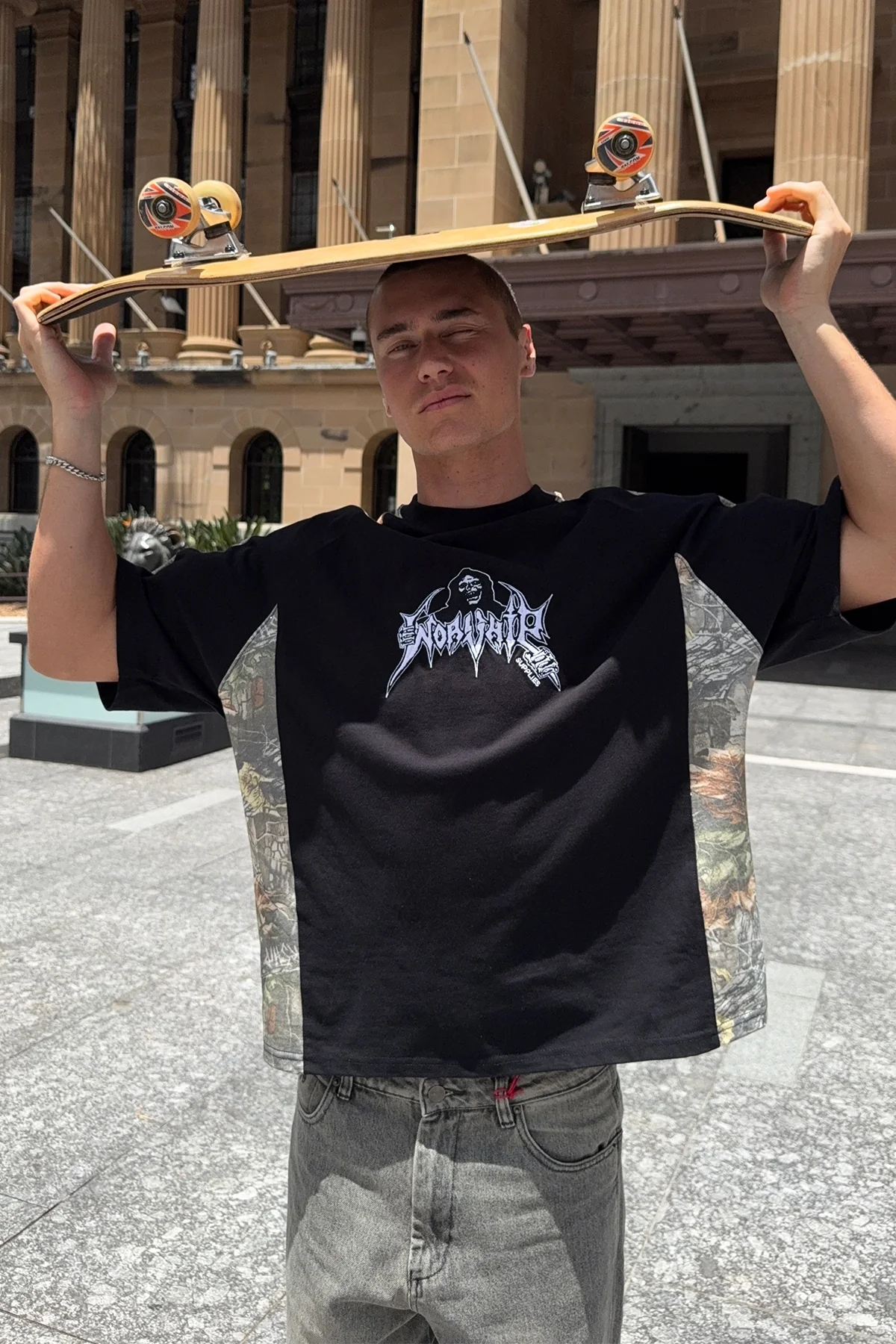 Worship Breaker Box Crop Raglan Panel Tee Black Camo - Image 2